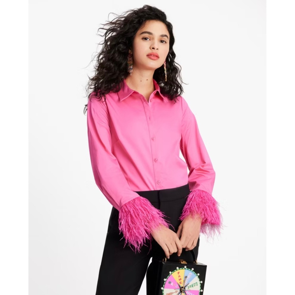 Kate Spade Hot Pink Plumage‎ Ostrich Feather Cuff Button Down Shirt Size M